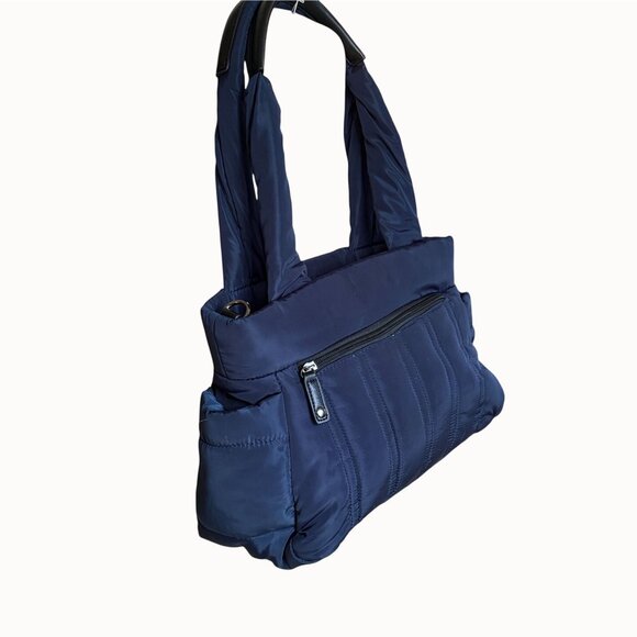 Sondra Roberts Squared Navy Puffer Tote Purse Nylon Shoulder Bag Quilted - Picture 6 of 11